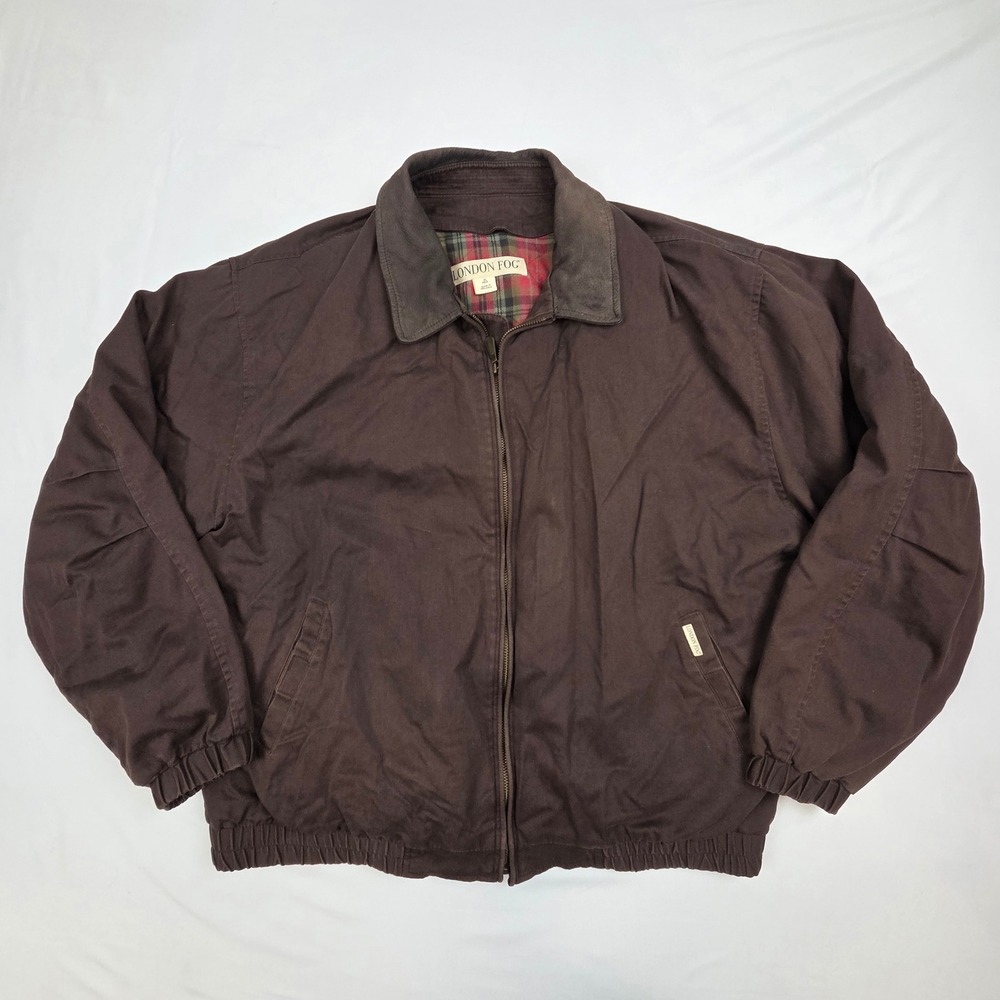 London Fog Mens Jacket Plaid Lined Harrington Bomber Brown XL